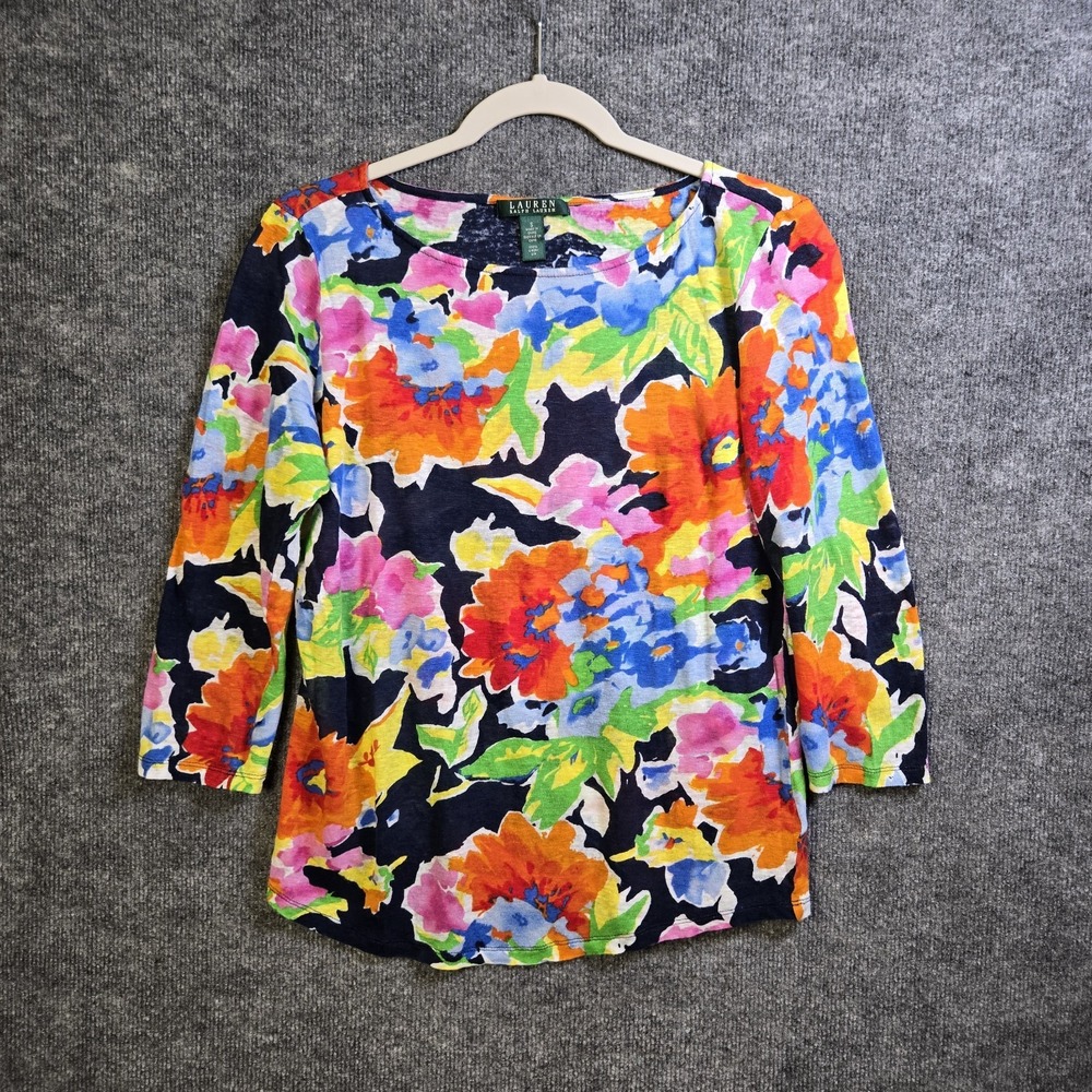 Lauren Ralph Lauren Top Womens S Orange Tropical Linen Knit Semi Sheer Colorful